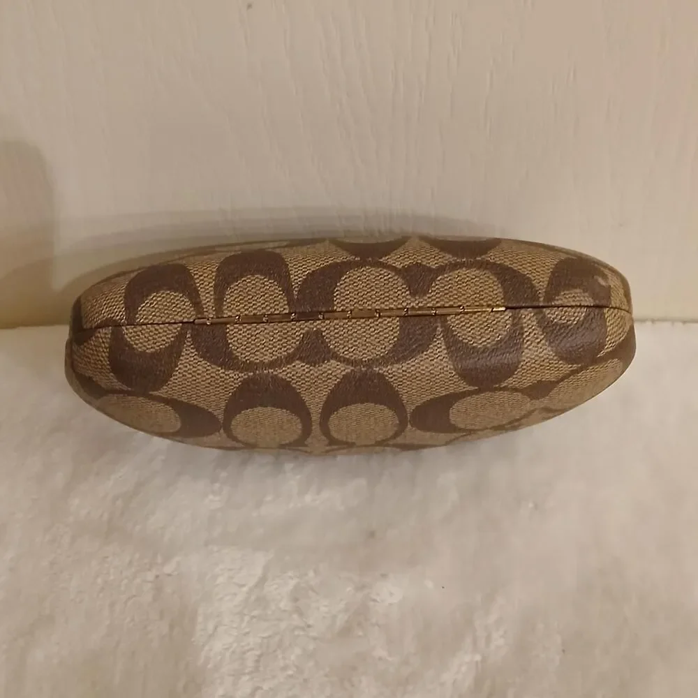 Coach clam-shell hard glasses case in brown and tan signature monogram canvas